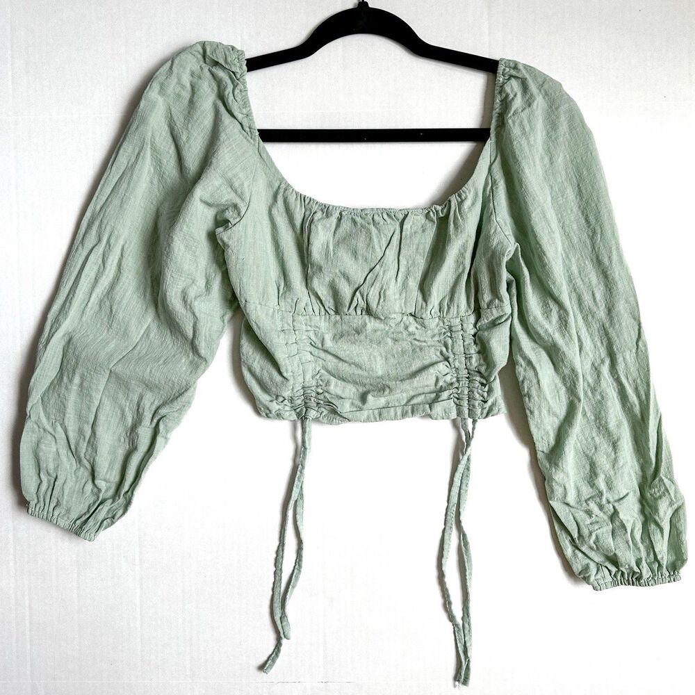 Green Long Bell Sleeve Crop Top Women’s Small Stretch Renaissance Fairy Milkmaid